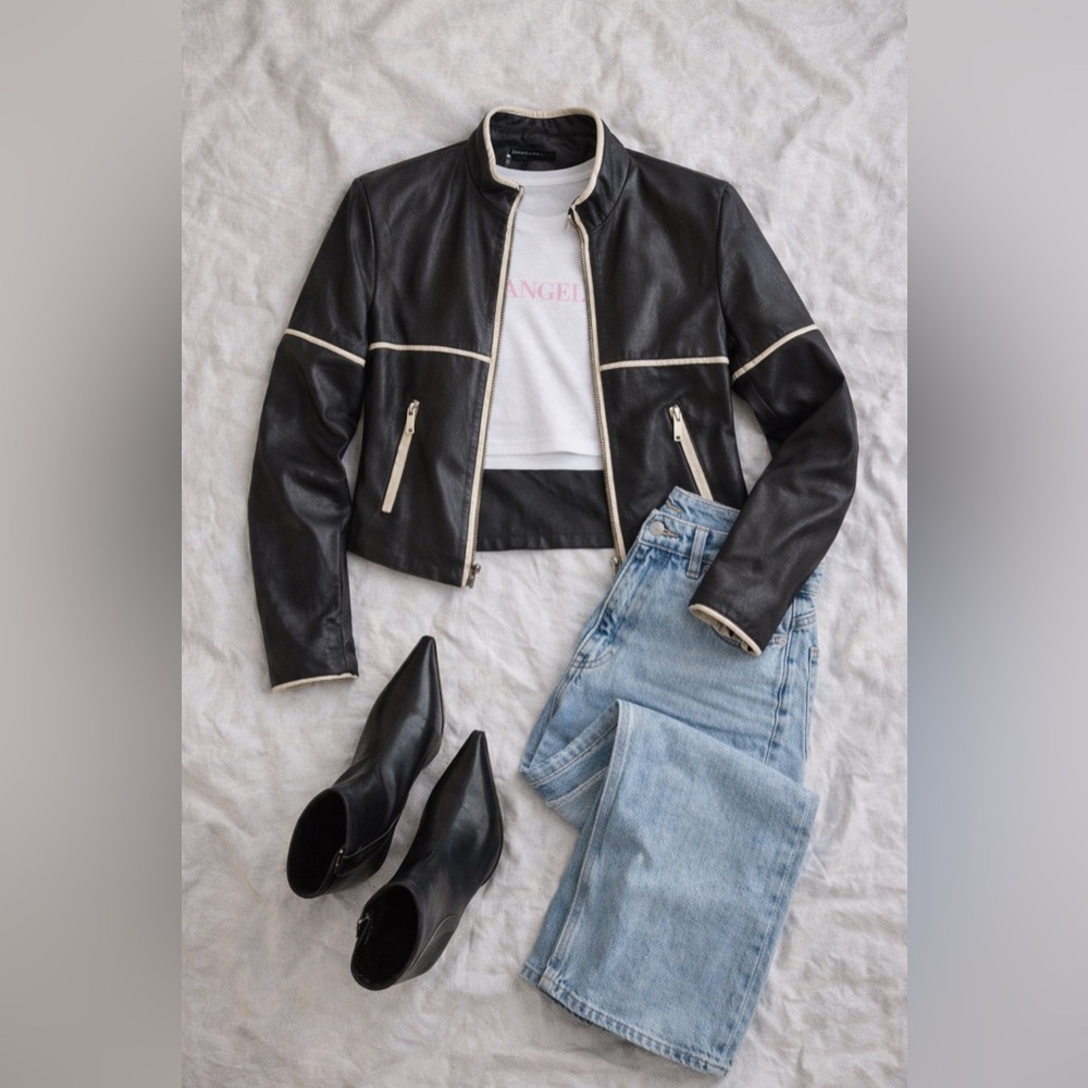 Y2K Black Leather Moto Jacket Cream Contrast Trim 2000s Fitted Biker M LaRue Ca - Picture 10 of 13